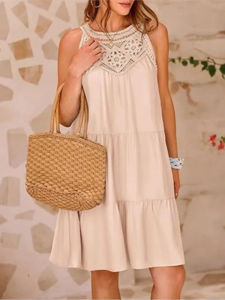 Crochet Lace Neckline Sleeveless Tent Mini Dress