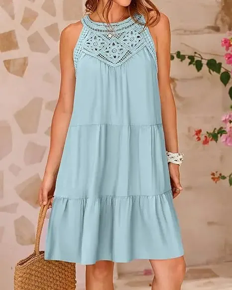Crochet Lace Neckline Sleeveless Tent Mini Dress
