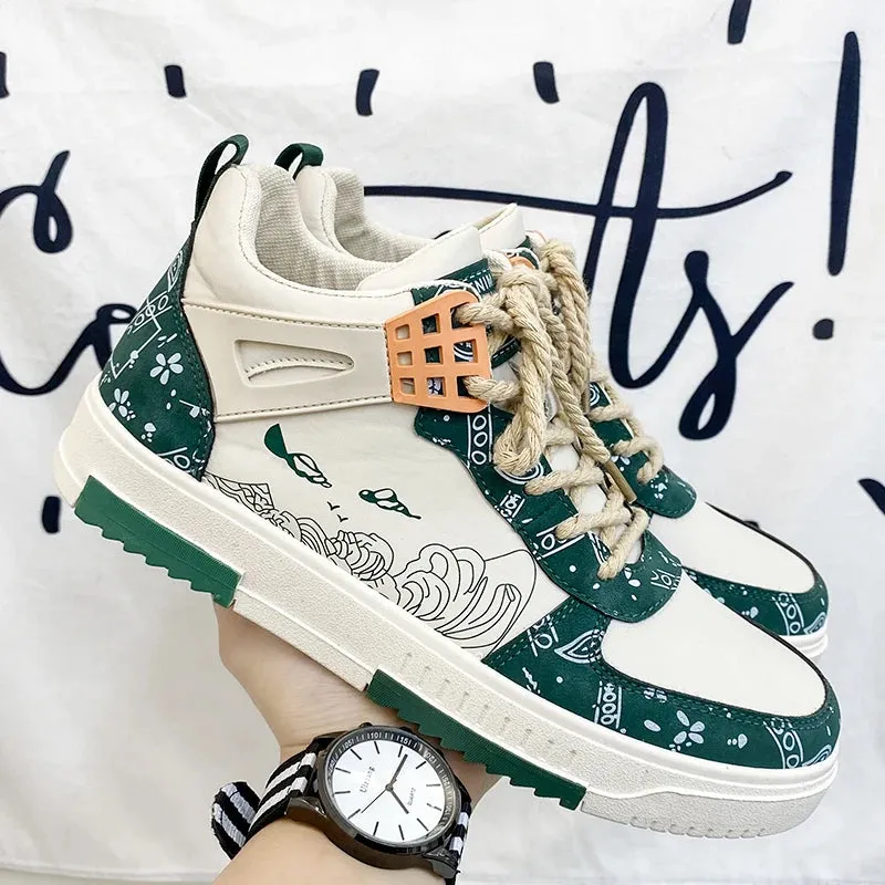 Geometric-Printed PU Leather Sneakers
