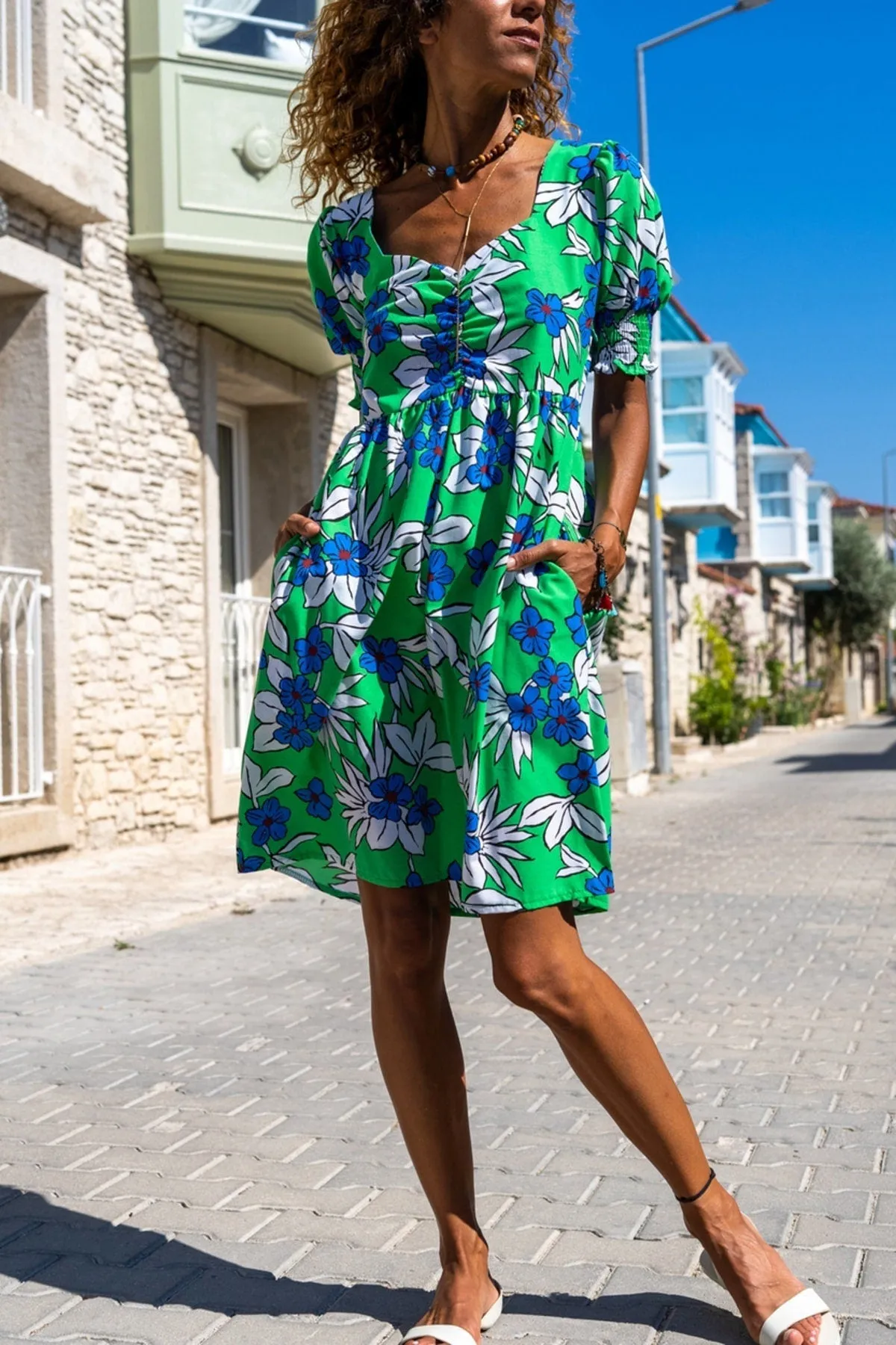 Green Kiss Collar Watermelon Sleeve Pocket Poplin Midi Cotton Dress,Safari Dress,Summer Dress-Boho Wear Womens Dress,Vintage Dress
