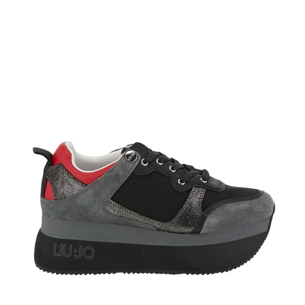 Scarpe Donna LIU JO Sneakers Maxi Platform in Suede e Tessuto Nero Rosso